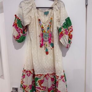 Embroidered Cream and Green Mini Dress